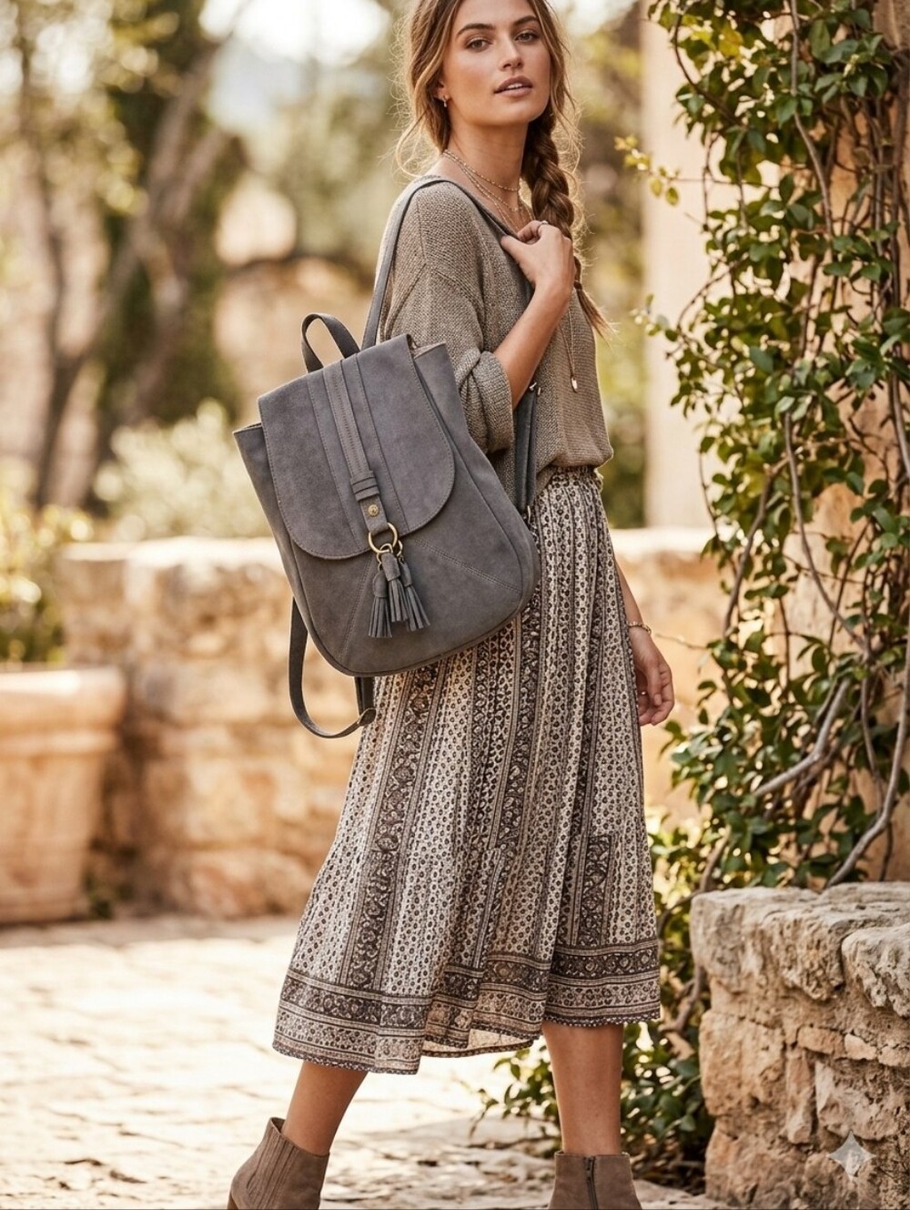 Anthropologie Elle Jae Gypset Gray Suede Backpack Boho Slouchy